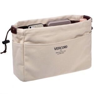 VERCORD Ivory Canvas Handbag Organizer 10 Pockets + 2 Elastic Bands 9” X 6” X 3”
